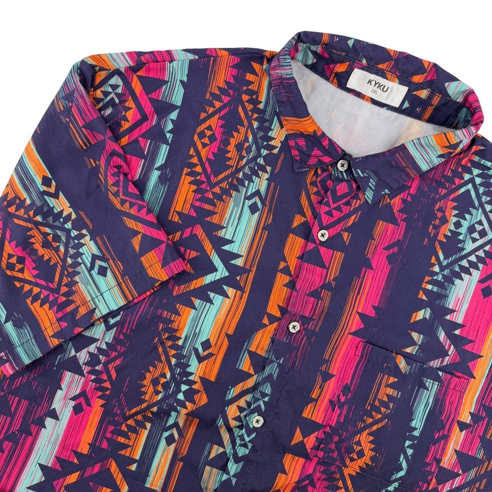 KYKU Button Down Shirt Mens 2XL Multicolor Aztec Geometric Short Sleeve Y2K